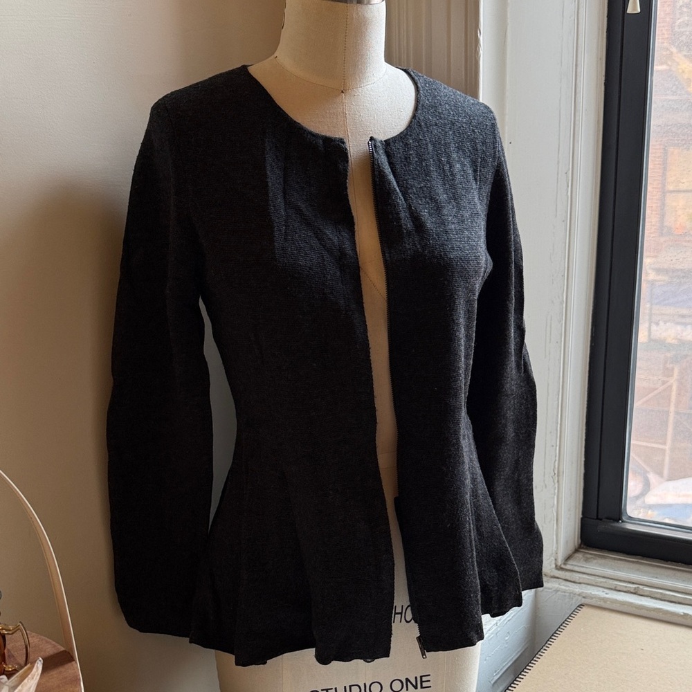 Eileen Fisher Heathered Black/Dark Gray Peplum Cardigan Sweater - XS